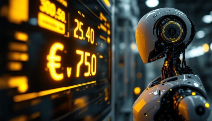 A photograph of a close-up of a digital currency exchange display showing the conversion of euros to us dollars