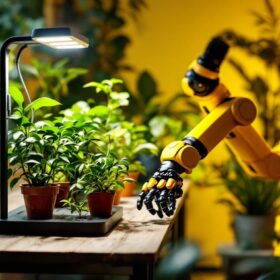 A photograph of a well-lit indoor garden featuring vibrant plants illuminated by sleek