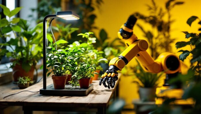A photograph of a well-lit indoor garden featuring vibrant plants illuminated by sleek