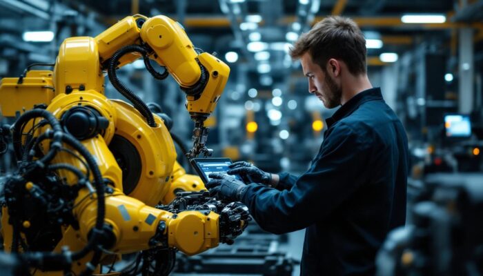A photograph of a skilled technician programming or operating an industrial robot in a modern manufacturing environment