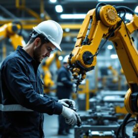 A photograph of a skilled technician working on an industrial robotic arm in a modern manufacturing facility