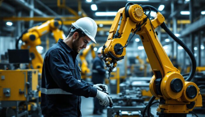 A photograph of a skilled technician working on an industrial robotic arm in a modern manufacturing facility