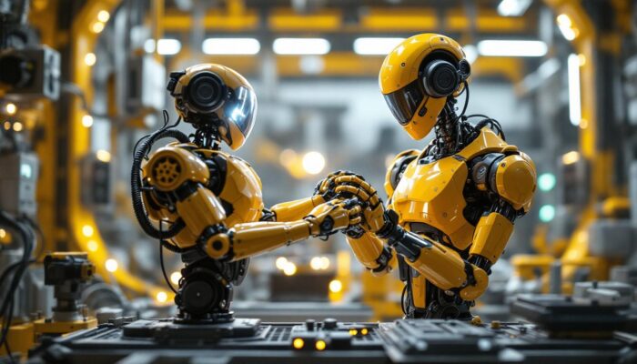 A photograph of a dynamic industrial robot in action