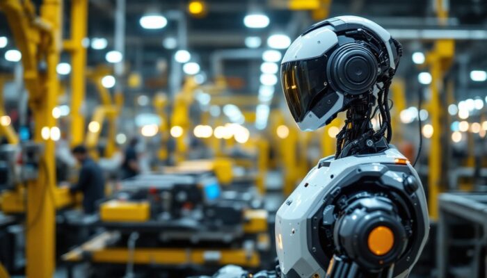 A photograph of capture a photograph of a modern industrial robot in action within a bustling manufacturing environment