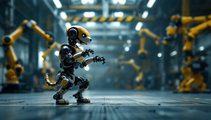 A photograph of a dynamic scene featuring a dancing robot dog performing an impressive routine in an industrial setting