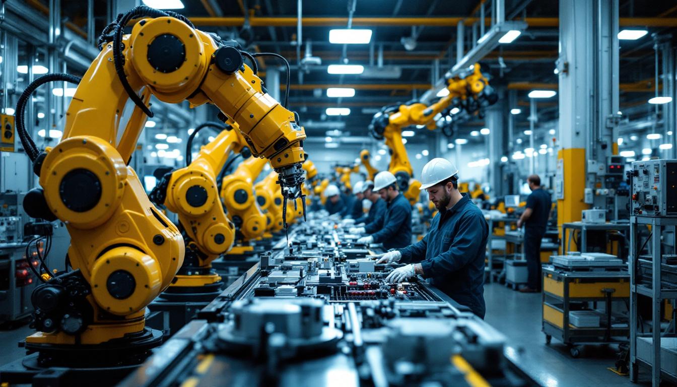 A photograph of a bustling boston scientific facility showcasing advanced industrial robotics in action