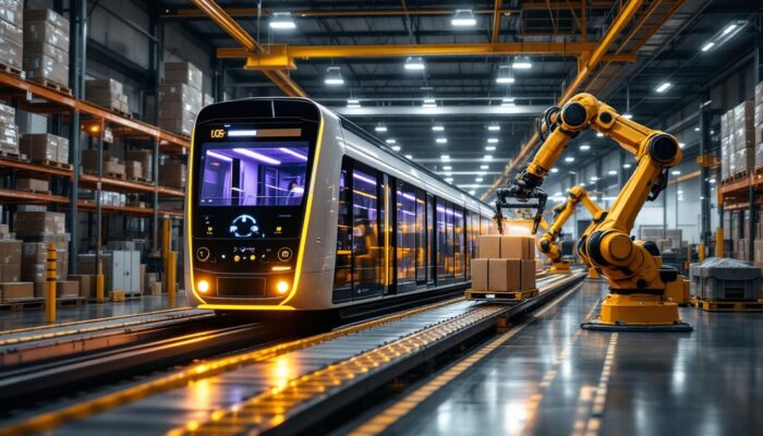 A photograph of a dynamic warehouse environment showcasing a sleek