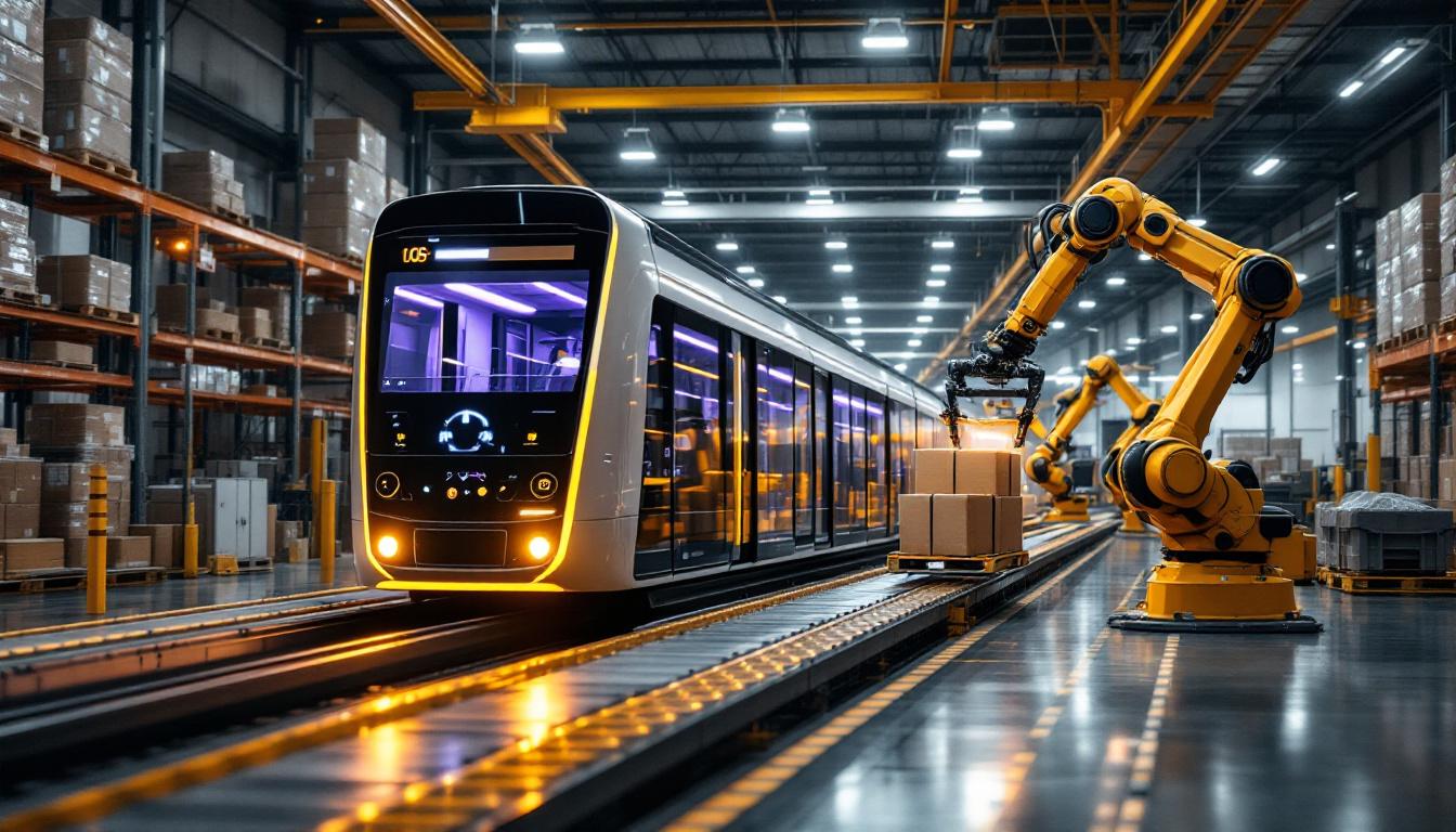 A photograph of a dynamic warehouse environment showcasing a sleek