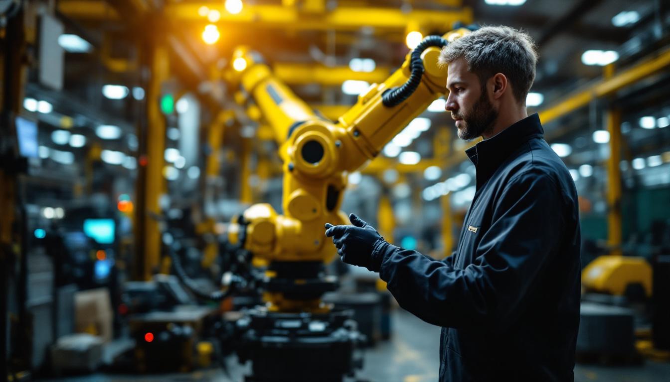 A photograph of a dynamic industrial setting featuring a cts sales representative engaging with a robotic arm