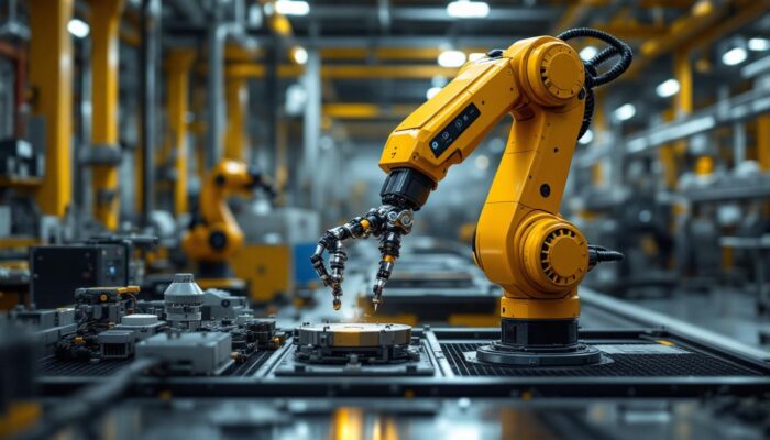 A photograph of a dynamic industrial robotics scene