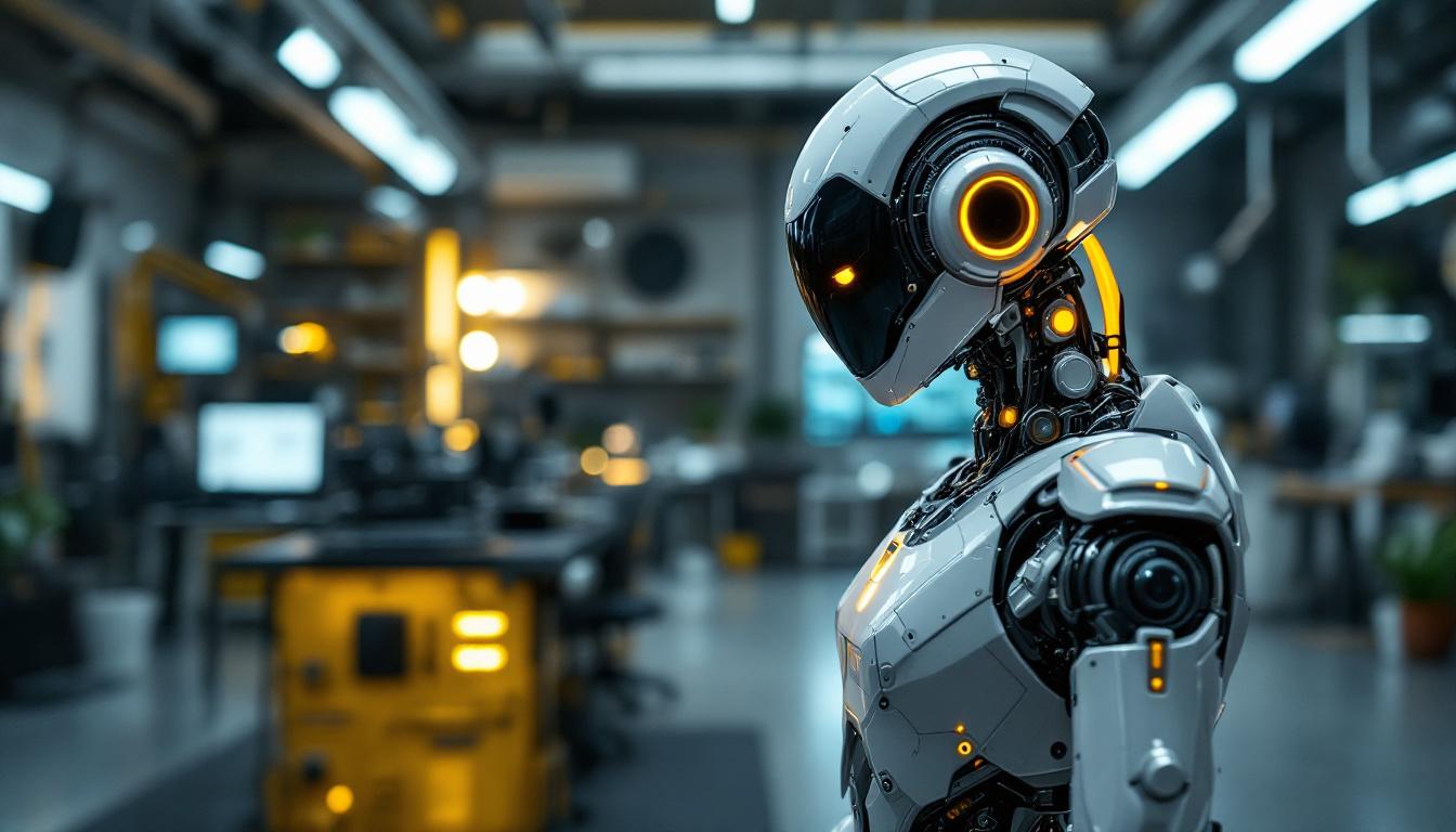 A photograph of a sleek industrial robot in a futuristic workspace