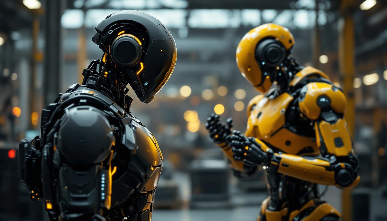 A photograph of a dynamic scene featuring both a futuristic robotic figure inspired by the aesthetics of watch dogs and an industrial robot in a manufacturing setting