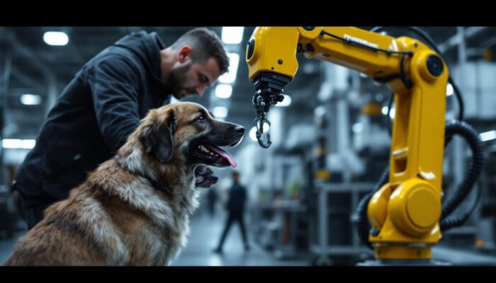 A photograph of a dynamic scene featuring a trainer engaging with a dog in an active training session