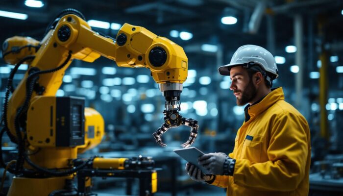 A photograph of capture a photograph of a modern industrial robot in action alongside a technician