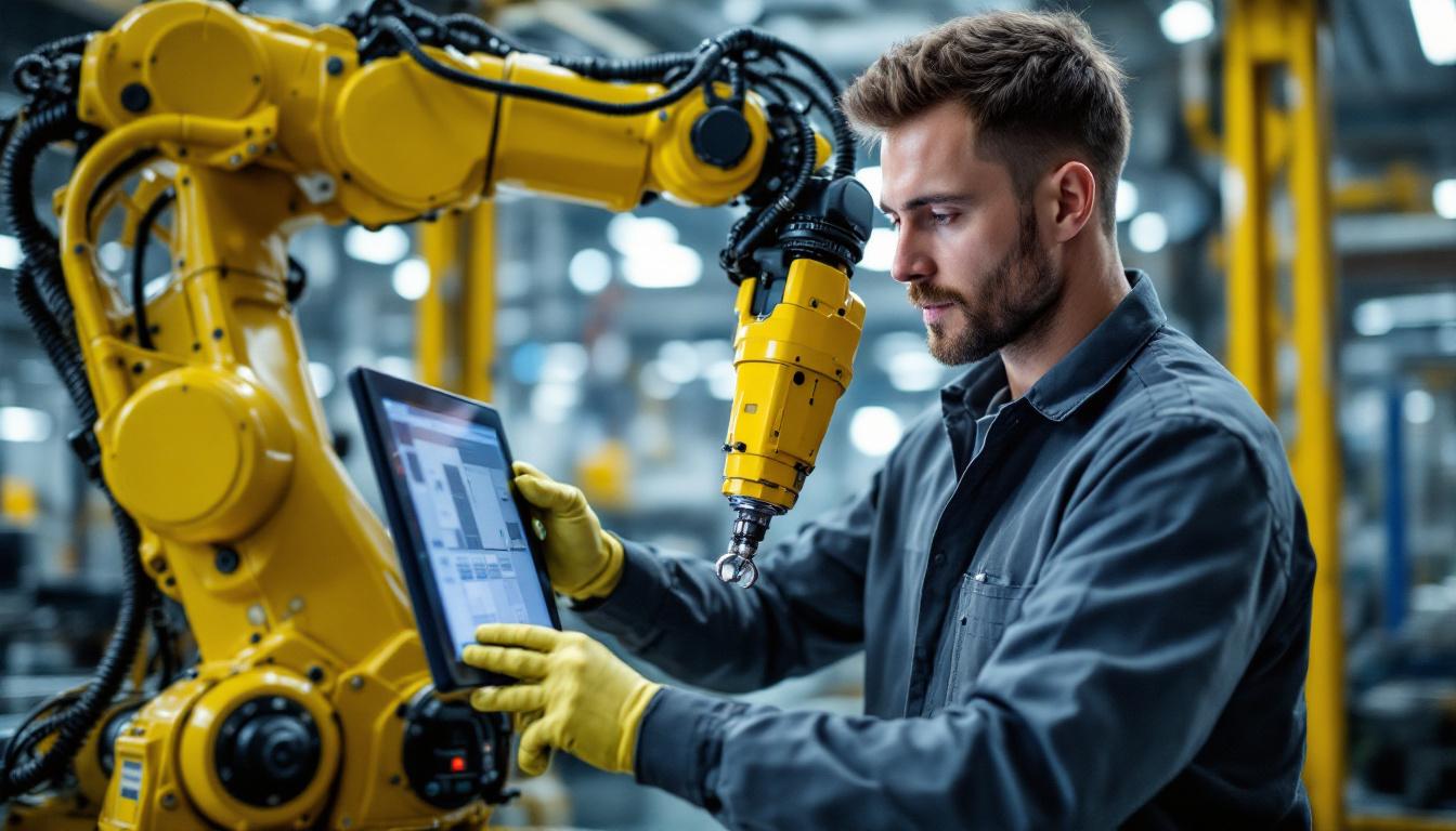 A photograph of a skilled controls engineer programming a robotic arm in a modern industrial setting