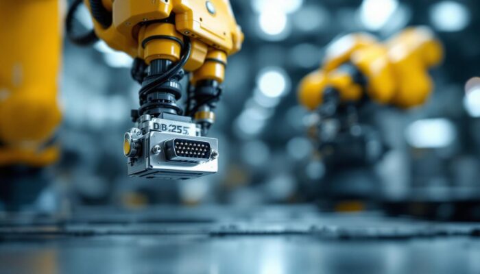 A photograph of a close-up shot of a db25 connector alongside an industrial robot arm in action