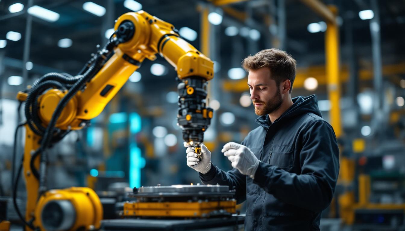 A photograph of a dynamic industrial setting where a skilled technician collaborates with a robotic arm