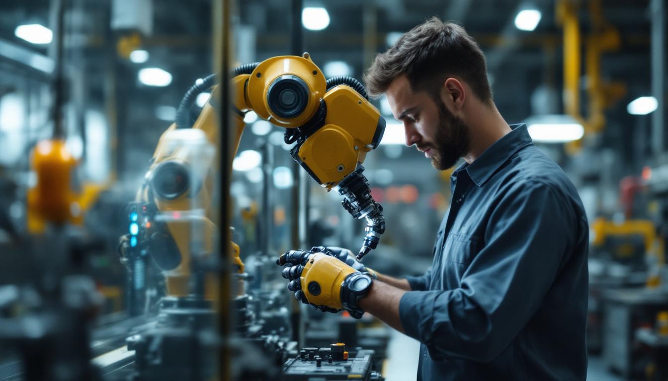A photograph of a skilled technician operating an industrial robot in a modern manufacturing setting