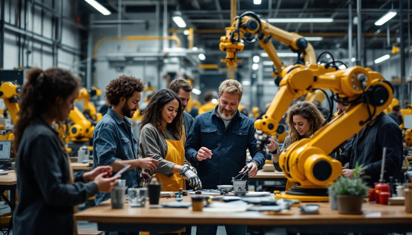 A photograph of a diverse group of volunteers engaged in hands-on activities with industrial robots