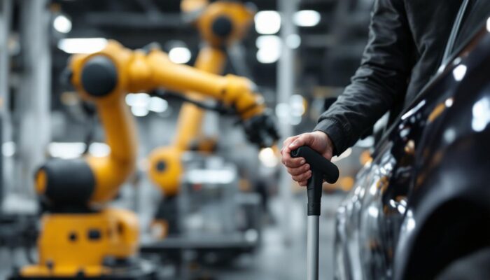 A photograph of a person using an auto handle car cane to assist themselves into a vehicle