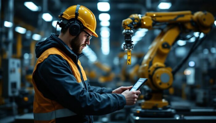 A photograph of a skilled technician programming or operating an industrial robot in a factory setting