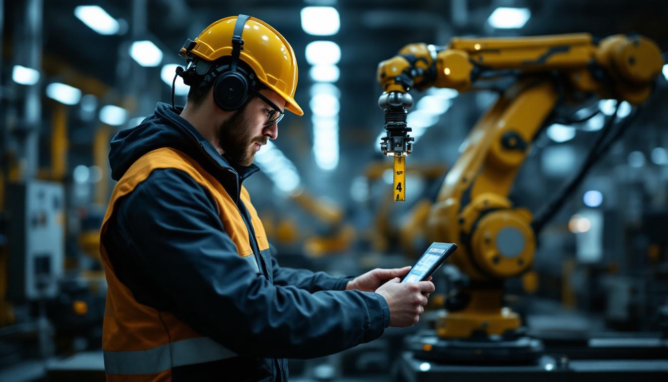A photograph of a skilled technician programming or operating an industrial robot in a factory setting