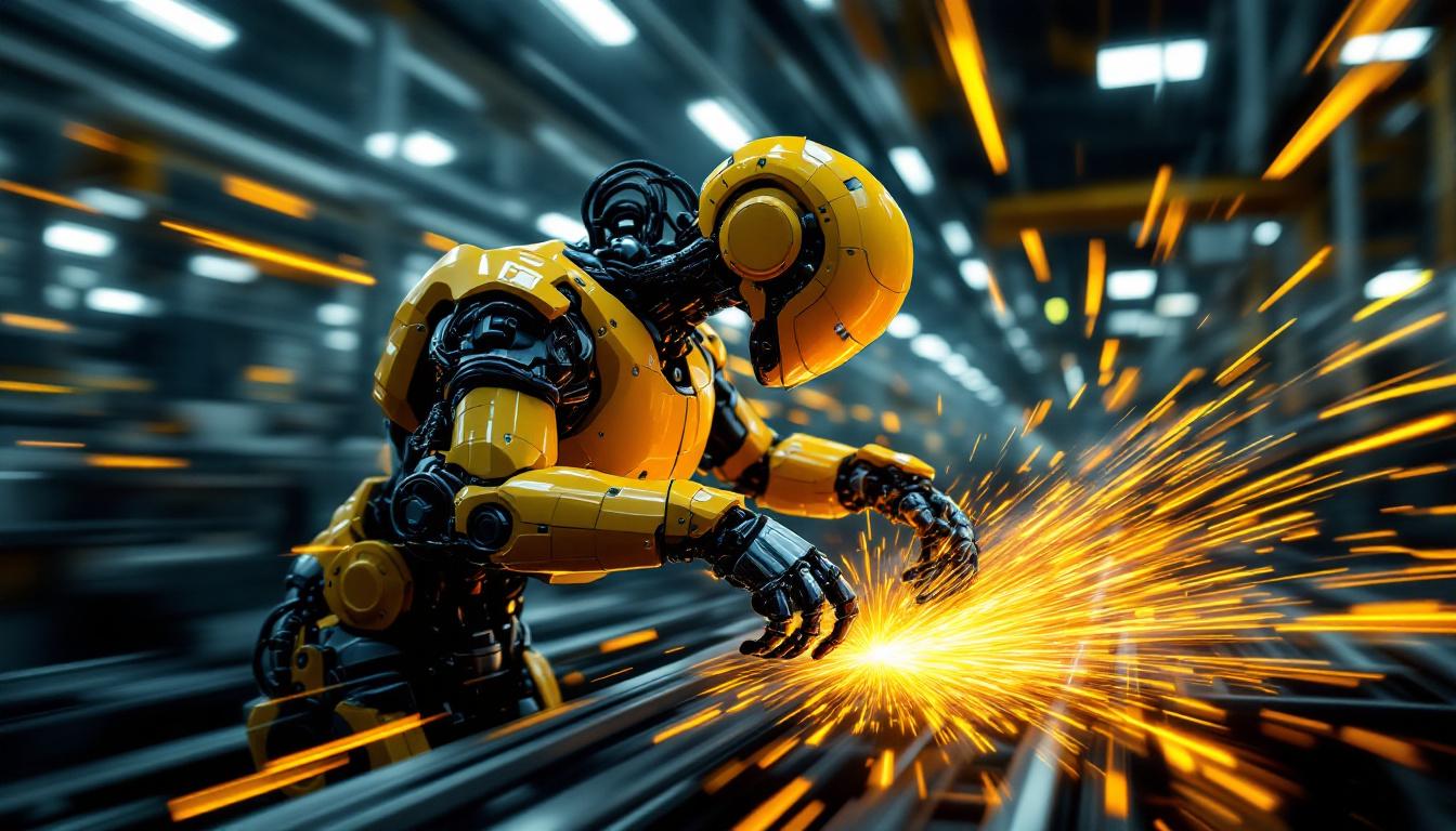 A photograph of a high-speed industrial robot in action