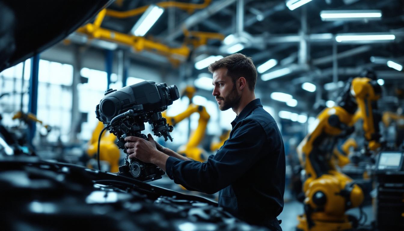 A photograph of a mechanic inspecting a vehicle in a well-lit garage