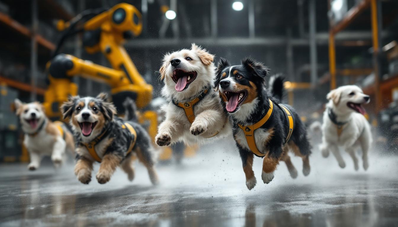 A photograph of a dynamic scene showcasing a mobile dog run in action