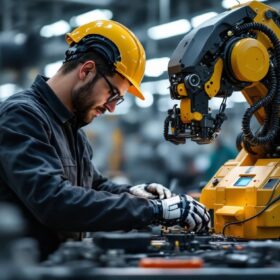 A photograph of a skilled mechanical engineer working on an industrial robot in a high-tech manufacturing environment