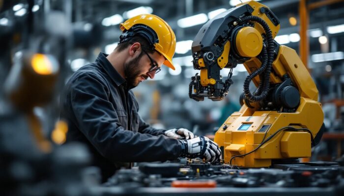 A photograph of a skilled mechanical engineer working on an industrial robot in a high-tech manufacturing environment