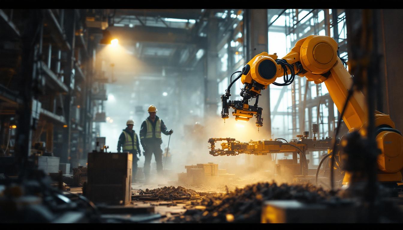 A photograph of a dynamic construction jobsite featuring advanced industrial robots in action