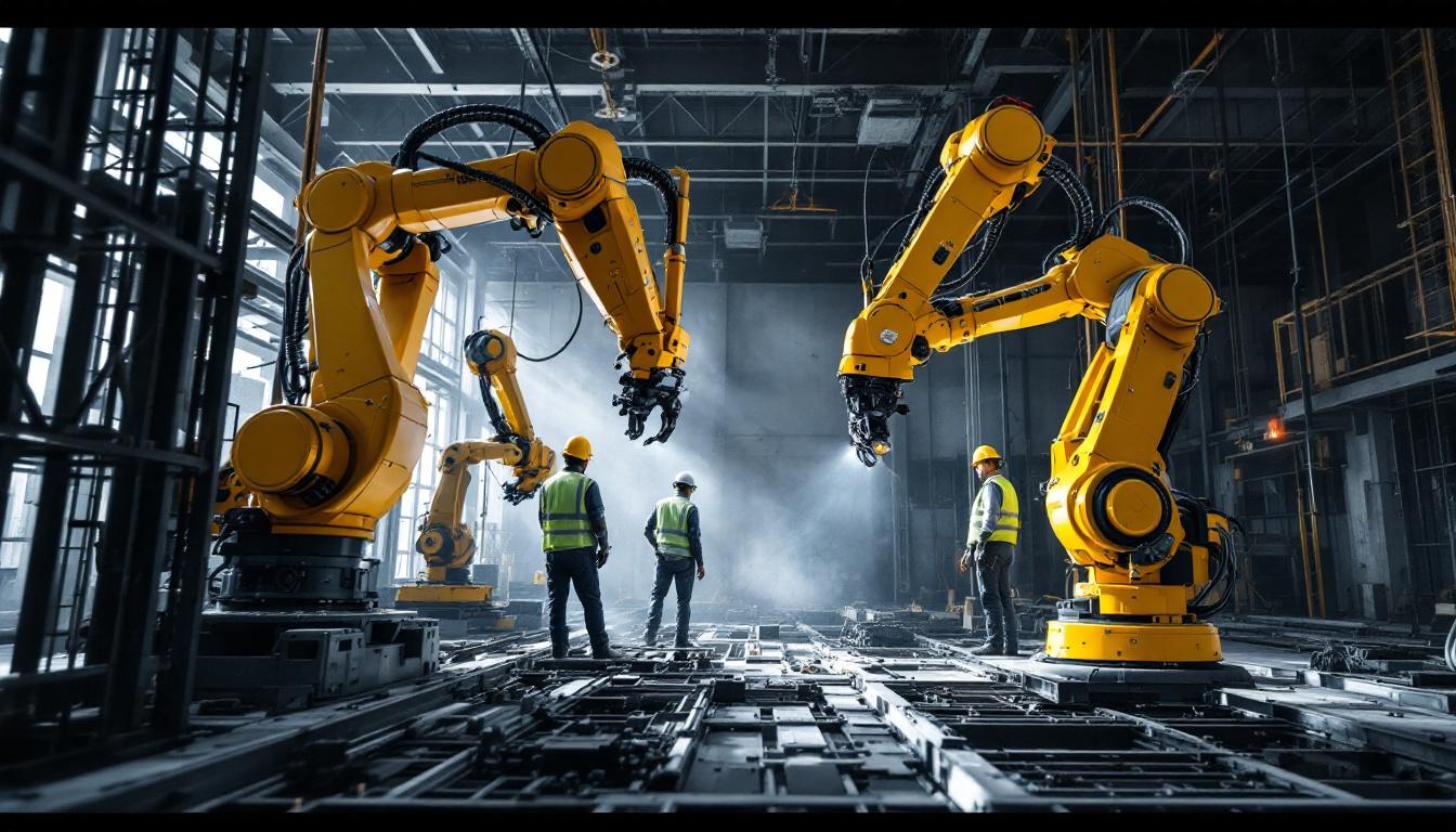 A photograph of a dynamic construction site featuring a blend of skilled workers collaborating with industrial robots
