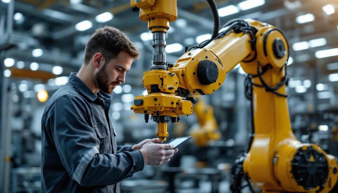 A photograph of a skilled technician performing a detailed inspection on an industrial robotic arm in a modern manufacturing setting