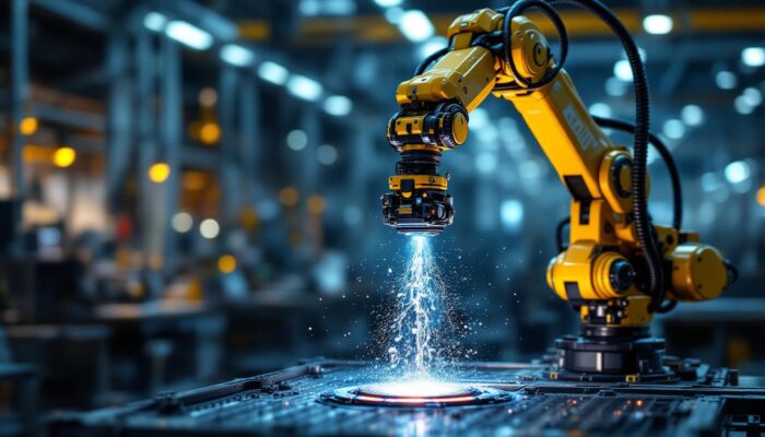 A photograph of a dynamic industrial robotic arm in action