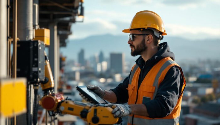 A photograph of a skilled inspector examining a building's structure with advanced industrial robotic technology in the foreground