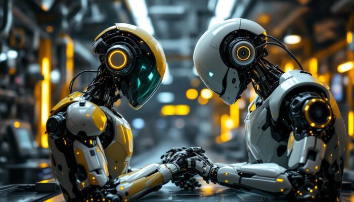 A photograph of a dynamic scene featuring a futuristic cyborg and an industrial robot