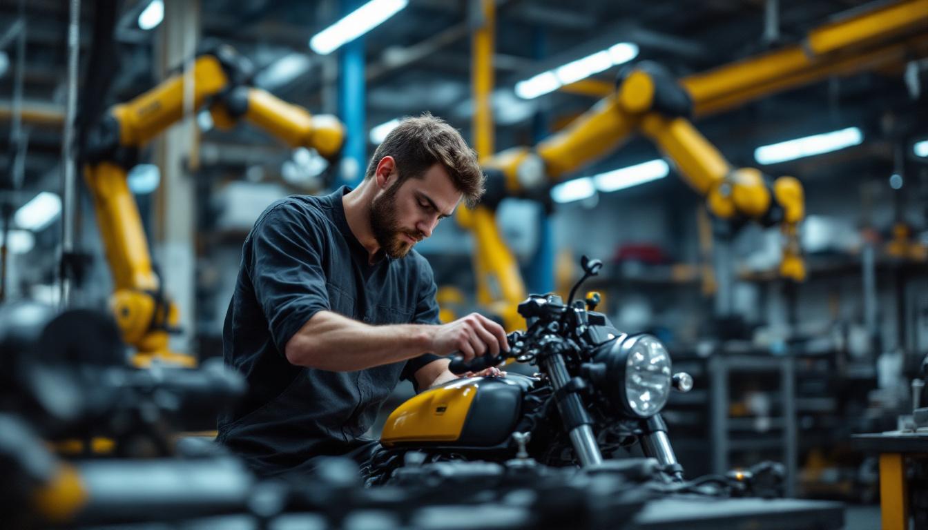 A photograph of a skilled mechanic working on a motorcycle in a well-equipped workshop