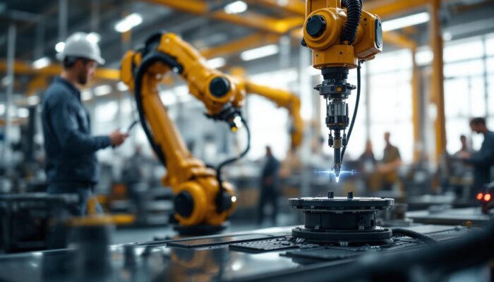 A photograph of capture a photograph of a dynamic industrial robotic arm in action within a modern manufacturing environment