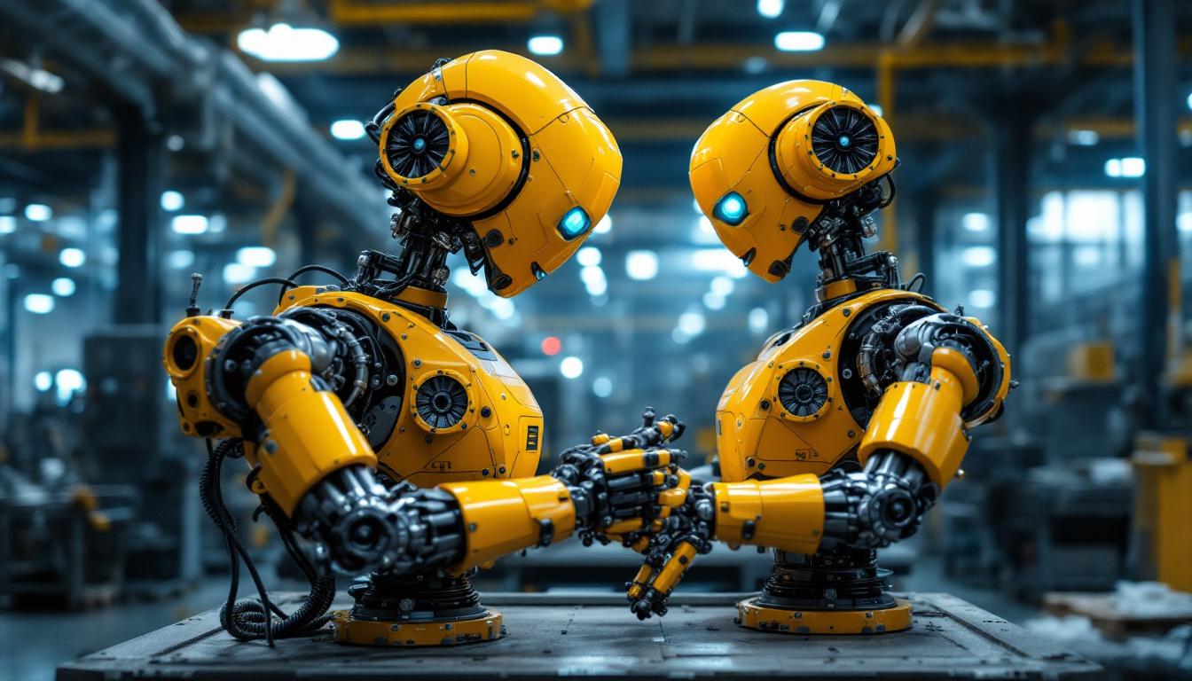 A photograph of a classic industrial robot in action within a manufacturing setting