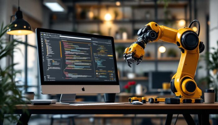 A photograph of a side-by-side comparison of a standard computer monitor and an industrial robotic arm in an engaging workspace setting