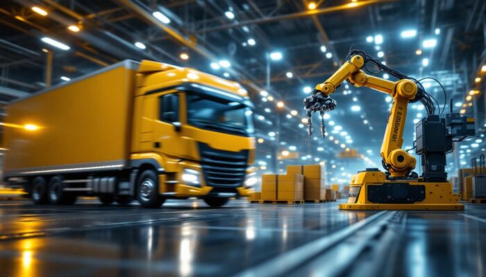 A photograph of a dynamic industrial setting showcasing a truck in motion alongside advanced robotic machinery