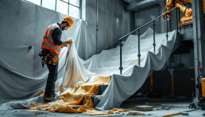 A photograph of a construction worker carefully applying protective coverings to a staircase