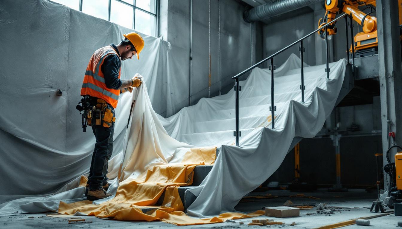 A photograph of a construction worker carefully applying protective coverings to a staircase