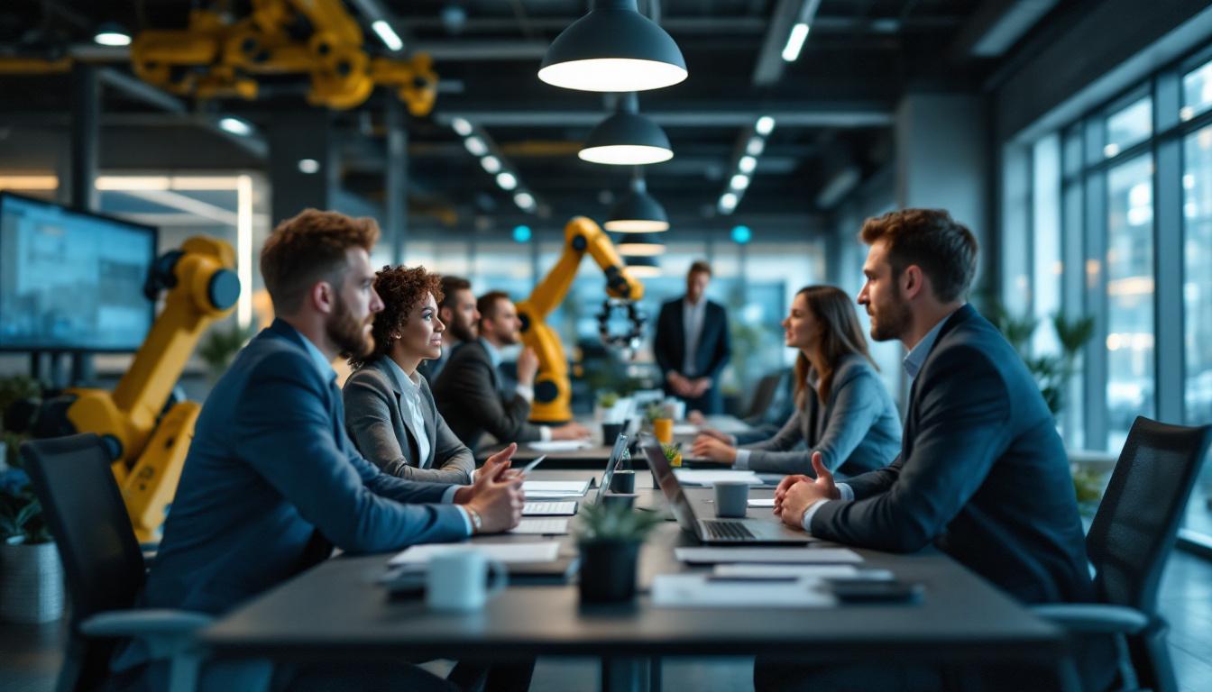 A photograph of a dynamic business meeting in a modern office setting