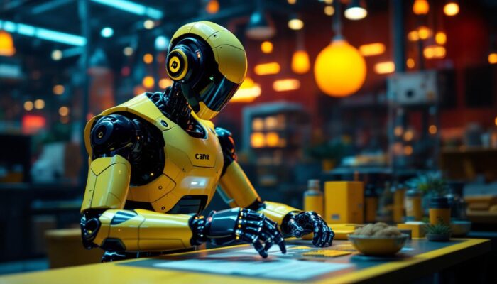 A photograph of a sleek industrial robot in action
