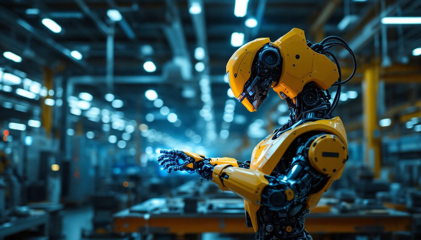 A photograph of a dynamic industrial robot in action within a modern manufacturing facility