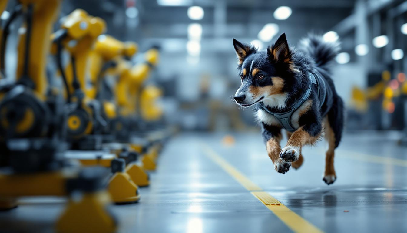 A photograph of a dynamic scene featuring a dog expertly navigating an agility course
