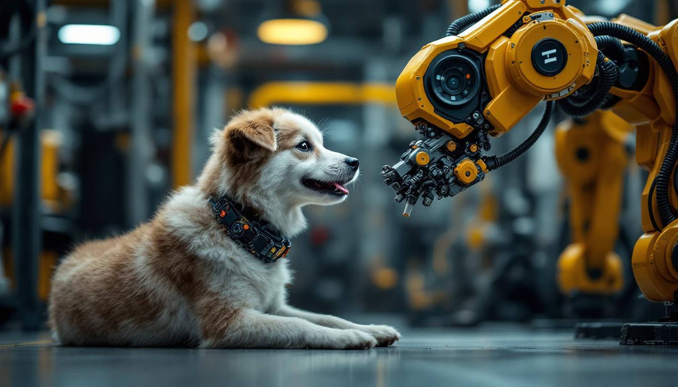 A photograph of a dynamic scene where a dog interacts playfully with an industrial robotic arm