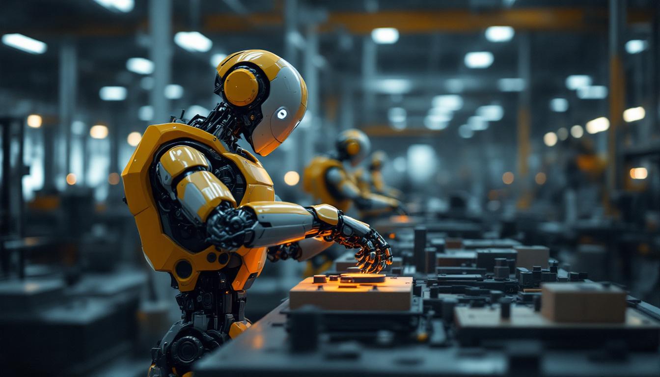 A photograph of capture a photograph of a modern industrial robot in action within a dynamic workspace